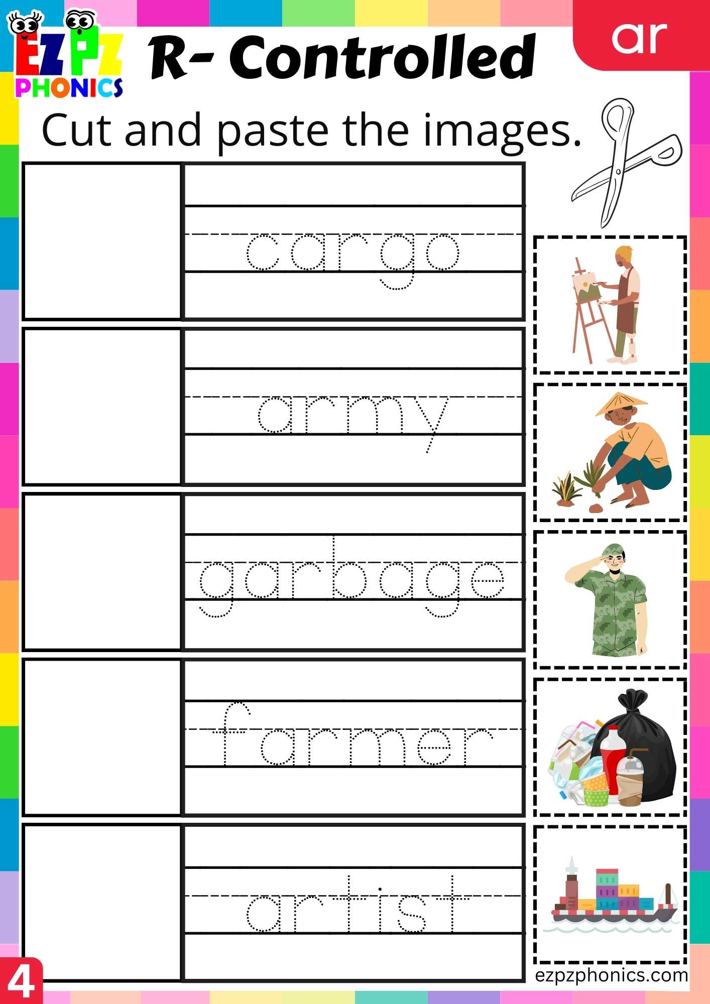 Cut and paste activity for ar two syllable words R controlled vowels phonics group 4